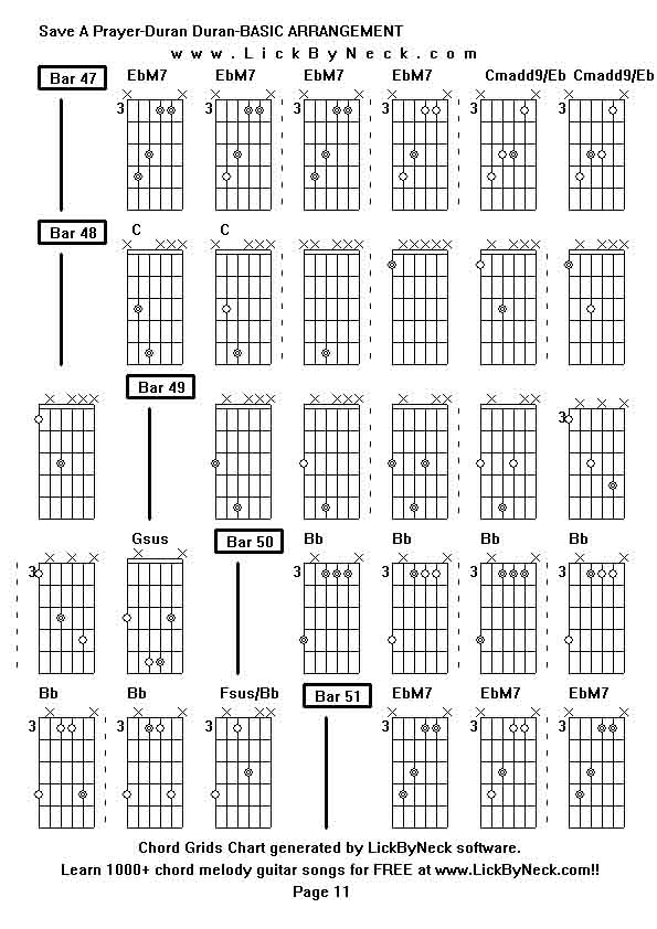 Chord Grids Chart of chord melody fingerstyle guitar song-Save A Prayer-Duran Duran-BASIC ARRANGEMENT,generated by LickByNeck software.